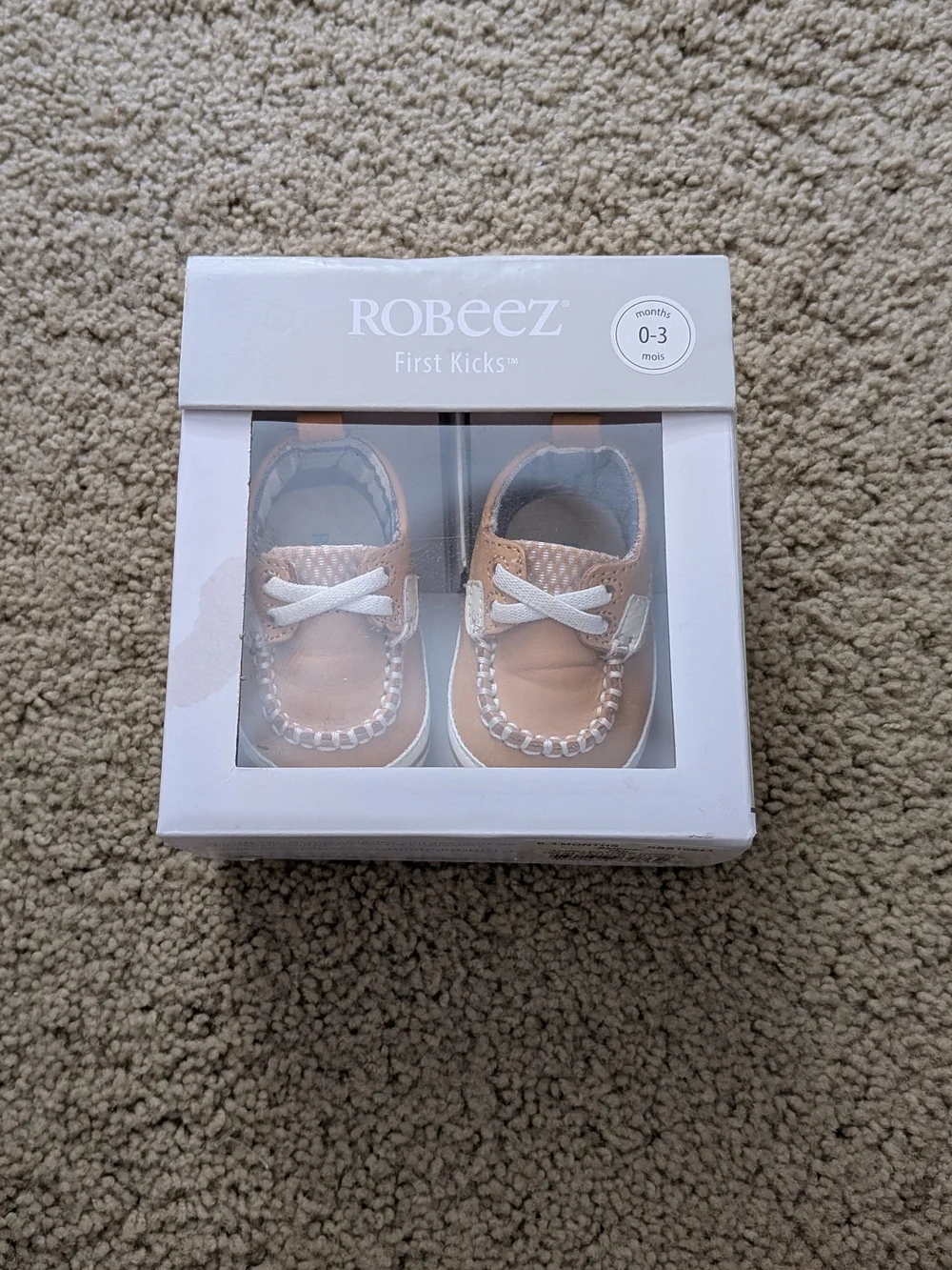 Robeez Tan and White Baby Boat Shoes with Decorative Stitching